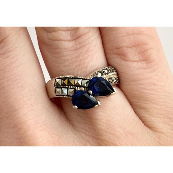 Jewelry - Blue Sapphire & Marcasite Accented 925 Sterling Silver Vintage Ring - sz 6.75